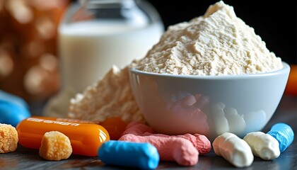 Textured closeup of whey protein powder highlighting color and consistency for muscle recovery and growth