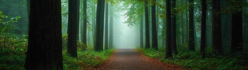 Creepy forest path with mist and soft, spooky lighting coming through the trees, creating a haunted feel Spooky forest, Halloween mood