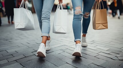 Two Women Walking with Shopping Bags on City Street. Front view closeup shot of their shoes