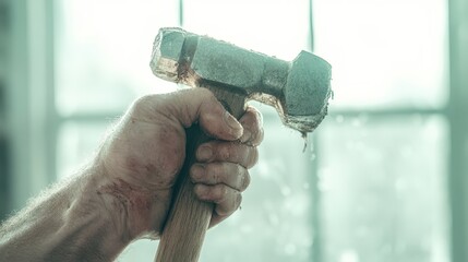 A man is holding a hammer and appears to be in pain