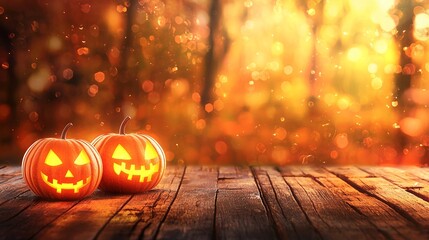 Two Lit Jack-o'-Lanterns on a Wooden Table with a Bokeh Background