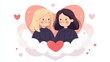 © ChimE - A whimsical scene featuring a blonde lesbian couple joyfully floating on a heartshaped cloud against a bright backdrop.