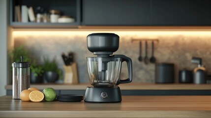 Stylish Modern Kitchen with Electric Blender and Ceramic Dishware, Utensils on Wooden Table