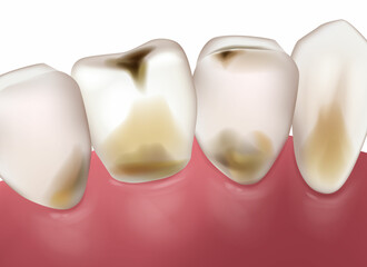 Dental cavities, dental caries, cavities, caries. Tooth decay. Destruction of a tooth by dental caries and disease 
