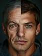 © steevy84 - Portrait shows two contrasting halves of a man's face, One depicting an older appearance, the other showing a young appearance.