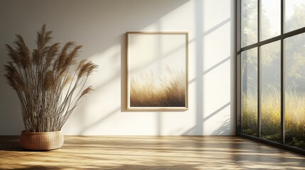 Wall Mural - Minimalist interior with artwork and decorative plants.