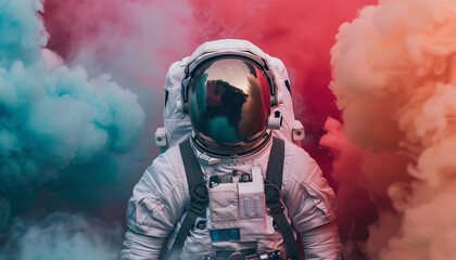 Astronaut in space helmet in the middle of colorful smoke