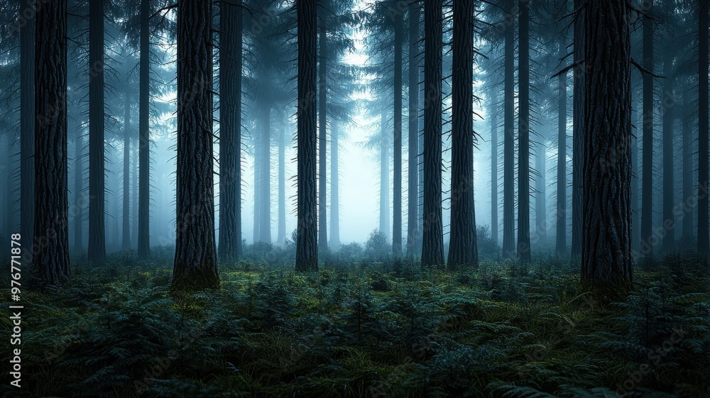 Mysterious forest landscape with tall trees and dense fog creating an ...
