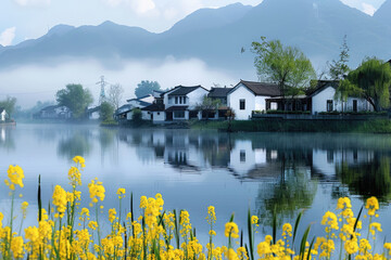 Poster - In spring, rapeseed flowers bloom, and houses by the lake