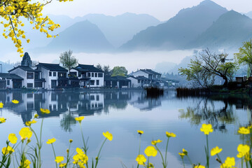 Poster - In spring, rapeseed flowers bloom, and houses by the lake