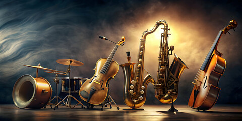 Musical portrayal of jazz music , jazz, music, musical, manifestation, instruments, saxophone, trumpet, piano