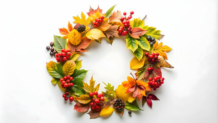 Fall wreath with colorful leaves and berries on white background, autumn, wreath, fall, leaves, berries, seasonal