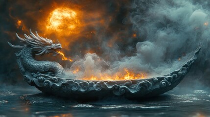 Wall Mural - A mystical dragon boat amidst fiery clouds and a glowing sun.