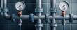 © Kanin - Close-up of industrial pipes with pressure gauges, showcasing modern plumbing in a factory setting, emphasizing functionality and design.