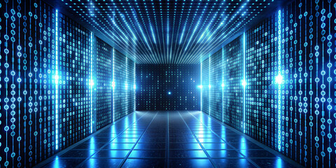 Walls covered in digital binary codes with blue lights in futuristic technology gateway, technology, digital, binary, codes
