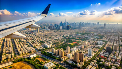 Aerial view of airplane wing over urban landscape of Sony City in Tel Aviv, Israel , airplane, wing, tail fin