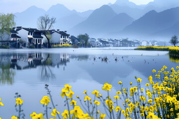 Poster - In spring, rapeseed flowers bloom, and houses by the lake