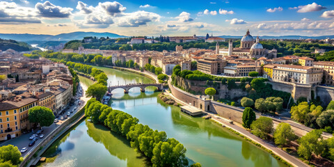 Beautiful aerial view of Tiber River winding through Rome, Italy , Rome, Italy, Tiber River, aerial view, cityscape