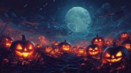 a spooky pumpkin patch with glowing jack-o'-lanterns and a full moon