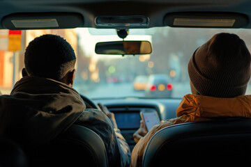 Two men are in a car, one of them is looking at his phone