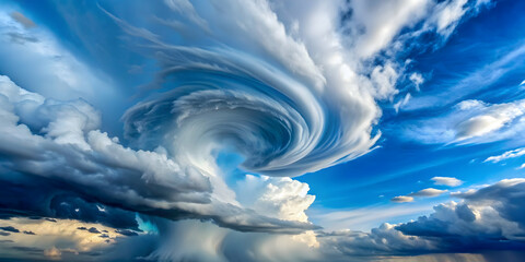 blue sky with swirling tornado clouds, white cumulus cloud spiral background, tornado, stormy, drama