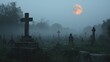 © Warin - A spooky cemetery with fog rolling in and a full moon shining above