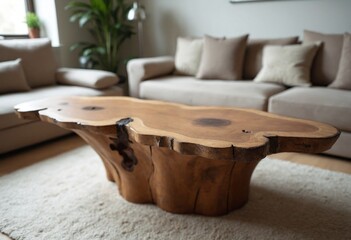 Poster - Live edge wooden coffee table close up. Interior design of modern living room