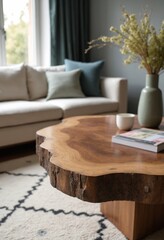 Poster - Live edge wooden coffee table close up. Interior design of modern living room