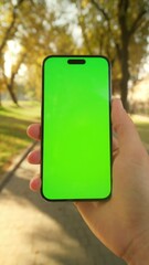 Close-up view of young male hand holding smartphone with green screen and chroma key in autumn park. Man using phone, reading messages on blurred background of trees with yellow leaves
