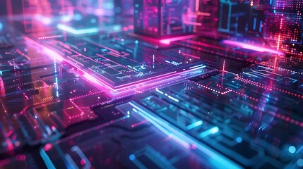 Wall Mural - close-up of a futuristic technology abstract with glowing blue and pink neon lights.