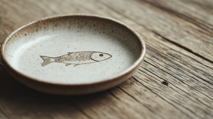 Wall Mural - A small ceramic plate with a fish symbol etched into it, resting on a wooden table. Focus on the symbol and plate texture. No people.