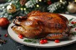 © Oksana - Close up of a festively roasted christmas duck amidst a joyous holiday table and decorated tree