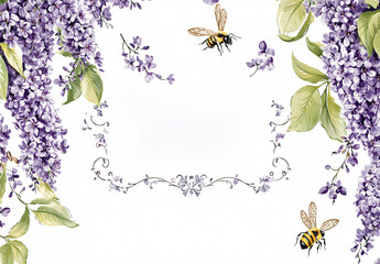 Bridgerton-Inspired Floral Background.Perfect for Invitations, Greeting Cards, and Banners. A Delicate Watercolor Illustration Featuring Light Purple Wisteria Blooms and Charming Bees