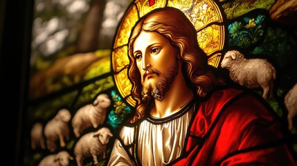 A stained glass window depicting Jesus and lambs, illuminated by sunlight, with vivid colors. Focus on the window details. No people.