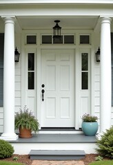 Wall Mural - Main entrance door. White front door with porch. Exterior of georgian style home cottage house with columns