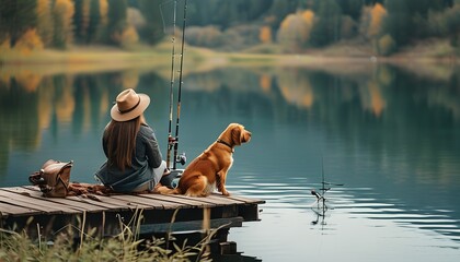 Tranquil moments of companionship by a scenic lake, as a woman and her dog enjoy fishing together on a peaceful pier