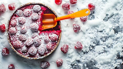 Wall Mural - A container of berry cake with an orange shovel on the surface of a snow