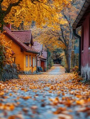 Canvas Print - Yellow leaf-lined street