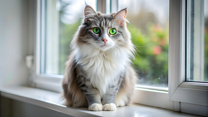 Adorable fluffy grey and white cat with big green eyes sitting on a windowsill , Cute, cat, adorable, fluffy, grey, white