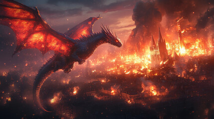 A fiery dragon soars over a burning city.