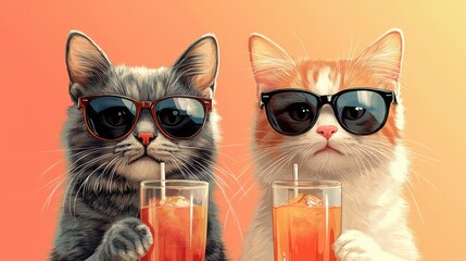 Naklejka na meble Stylish anthropomorphic cats enjoying drinks in sunglasses with a chic minimalist design and muted colors in a modern setting