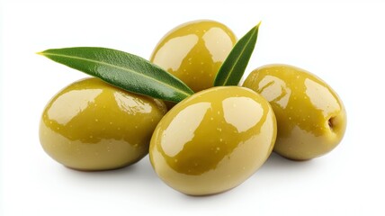 Wall Mural - Four green olives with a leaf on top