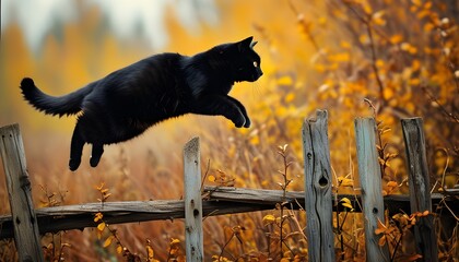 Agile black cat leaping over a rustic wooden fence amidst vibrant autumn foliage