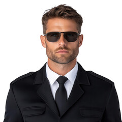 Confident man in sunglasses wearing a formal black suit, exuding professionalism and style in a modern urban setting.