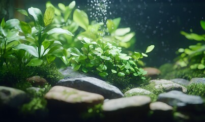 Underwater landscape natural forest style aquarium tank with various water plants stones and herbs decoration, Generative AI