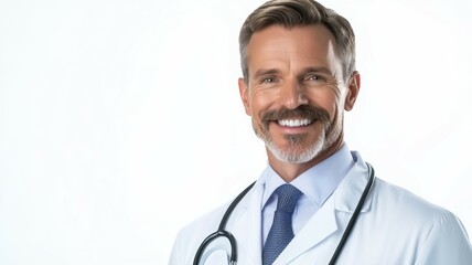 A smiling man in a white lab coat with a stethoscope around his neck