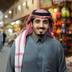 Wall Mural - Confident Middle Eastern Saudi Man Smiling in Traditional Market