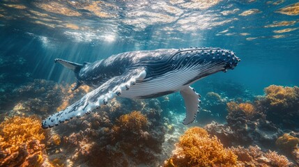 A humpback whale swims through a coral reef with sunlight shining through the water.