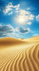 Poster - Golden sand dunes stretch under a bright blue sky, displaying the serene beauty of the Sahara Desert. The gentle curves evoke a sense of tranquility and wonder