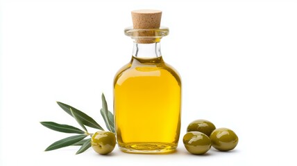 Wall Mural - A bottle of olive oil is on a table next to a bunch of olives